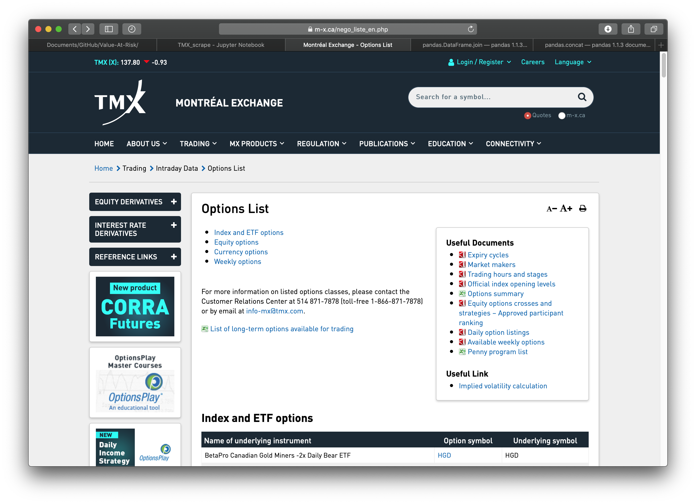 Options list from Montreal Exchance (TMX)